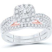 GND 14K Two-Tone Gold Bridal Set with Princess-Cut Diamond Center and Halo, 1.00 Carat Total Diamond Weight