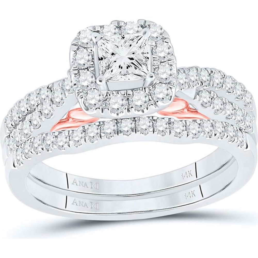 GND 14K Two-Tone Gold Bridal Set with Princess-Cut Diamond Center and Halo, 1.00 Carat Total Diamond Weight