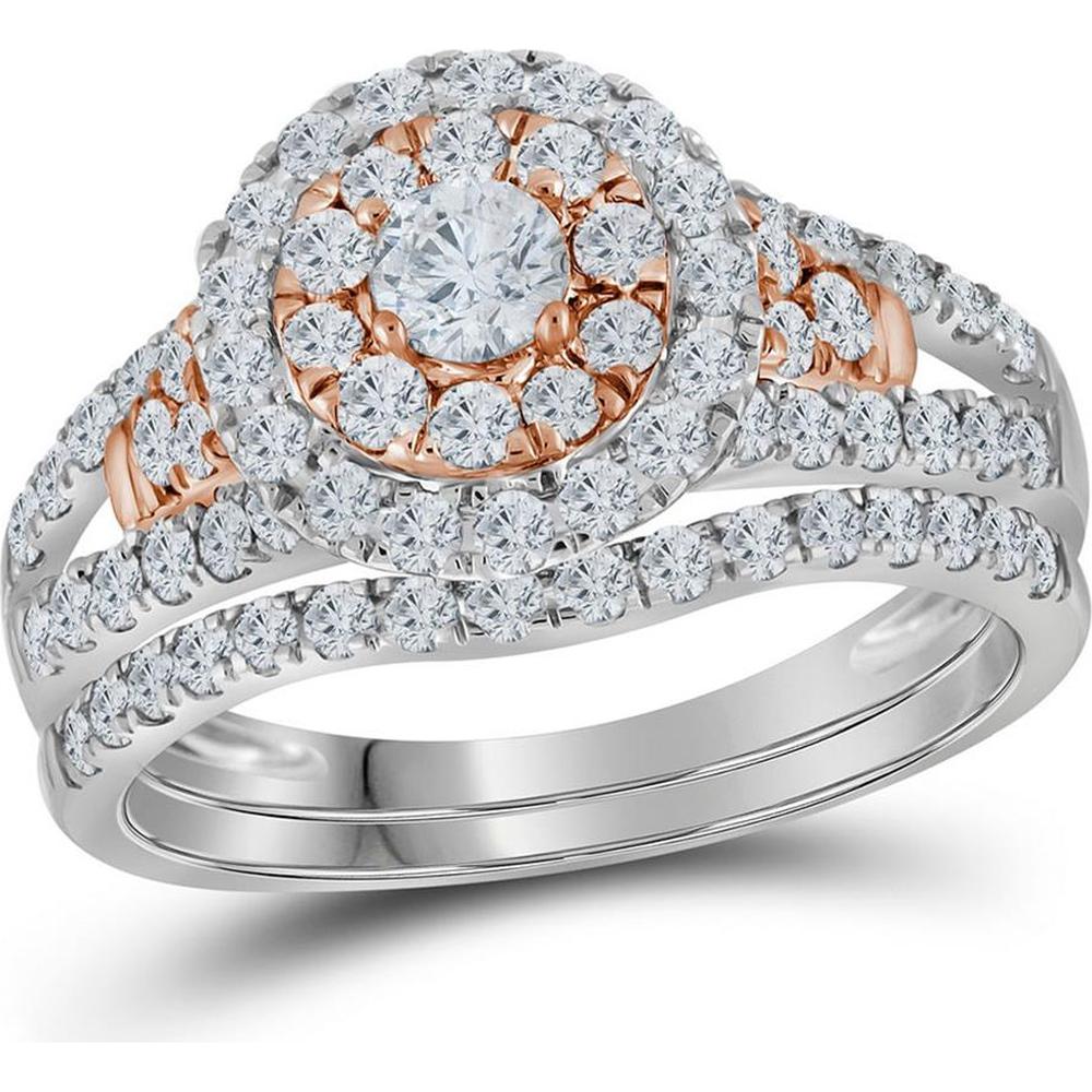 GND 14K Two-Tone Gold Bridal Wedding Ring Set with Double Halo Round Diamonds - 1.25 Carat Total Diamond Weight