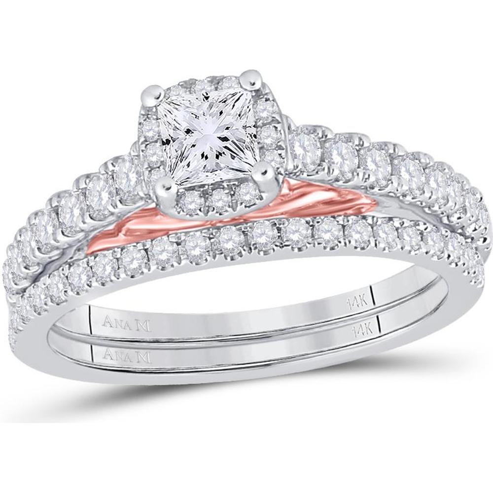 GND 14K Two-Tone Gold Bridal Wedding Ring Set with Princess and Round Diamonds - 7/8 Total Carat Weight