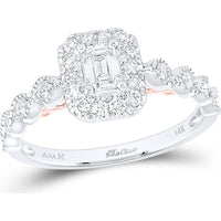GND 14K Two-Tone Gold Emerald Cut Diamond Halo Engagement Ring with Twist Diamond Band - 0.75 Carat Total Diamond Weight