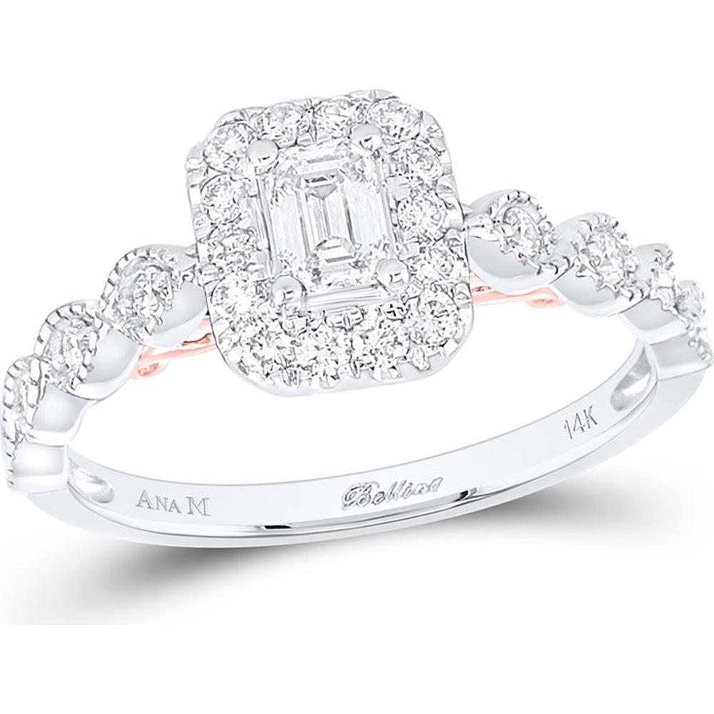 GND 14K Two-Tone Gold Emerald Cut Diamond Halo Engagement Ring with Twist Diamond Band - 0.75 Carat Total Diamond Weight