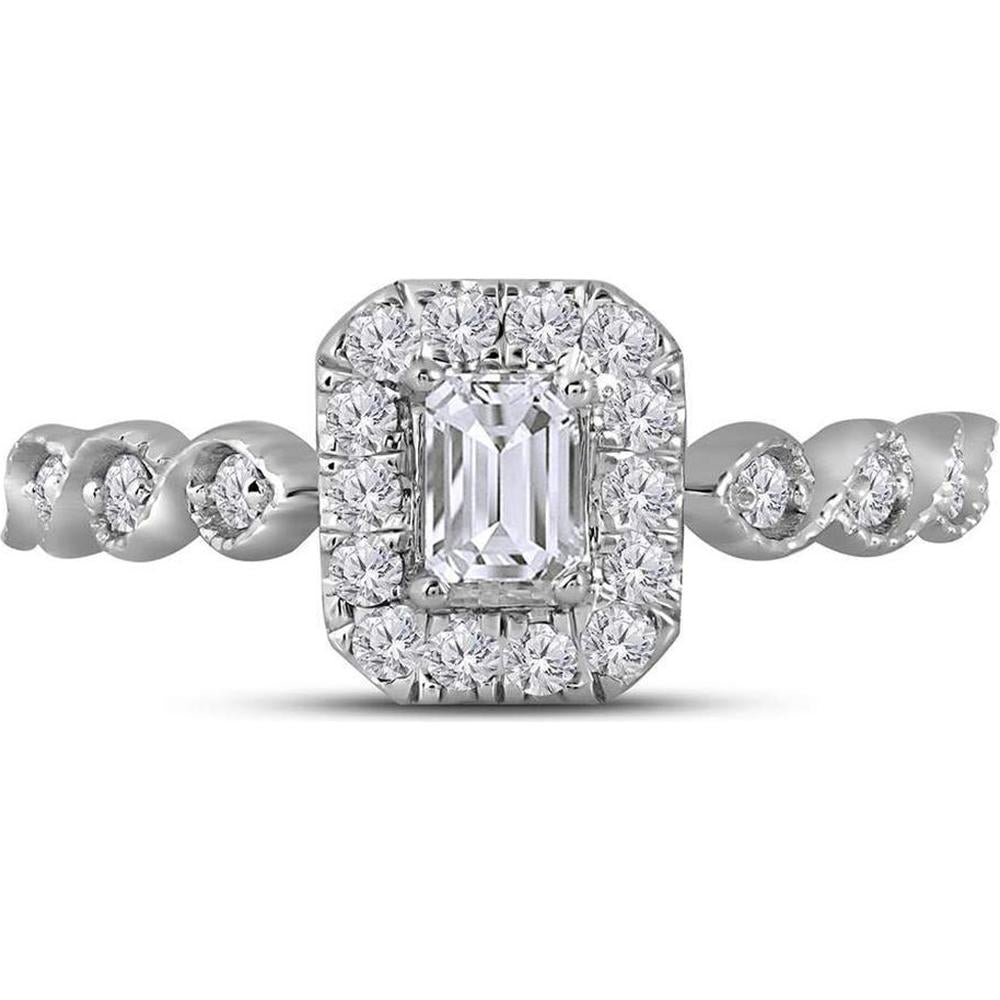 GND 14K Two-Tone Gold Emerald Cut Diamond Halo Engagement Ring with Twist Diamond Band - 0.75 Carat Total Diamond Weight