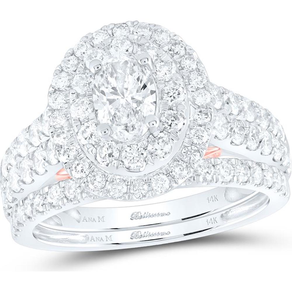 GND 14K Two-Tone Gold Oval Diamond Halo Bridal Wedding Ring Set with Round Diamonds and Blue Sapphires - 2.0 Carat Total Gemstone Weight