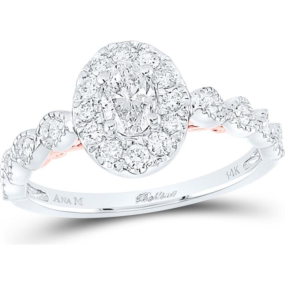 GND 14K Two-Tone Gold Oval Diamond Halo Engagement Ring with Prong-Set Round Diamonds – 0.73 Carat Total Diamond Weight