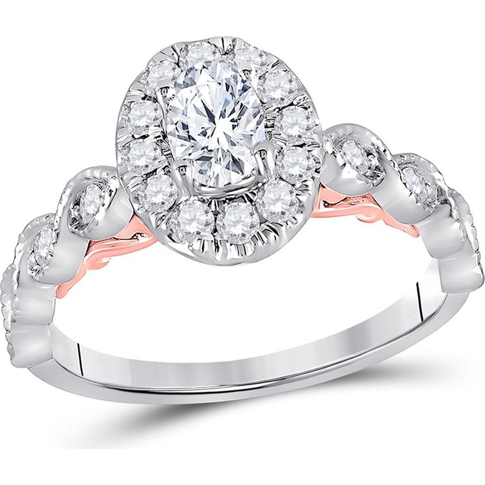 GND 14K Two-Tone Gold Oval Diamond Halo Engagement Ring with Prong-Set Round Diamonds – 0.73 Carat Total Diamond Weight