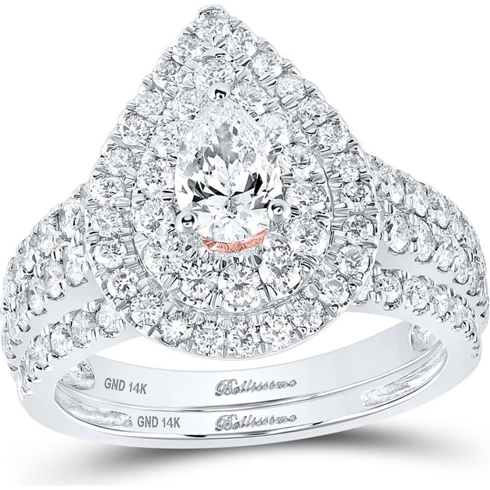 GND 14K Two-Tone Gold Pear Diamond Bridal Wedding Ring Set with 2.00 Carat Total Diamond Weight