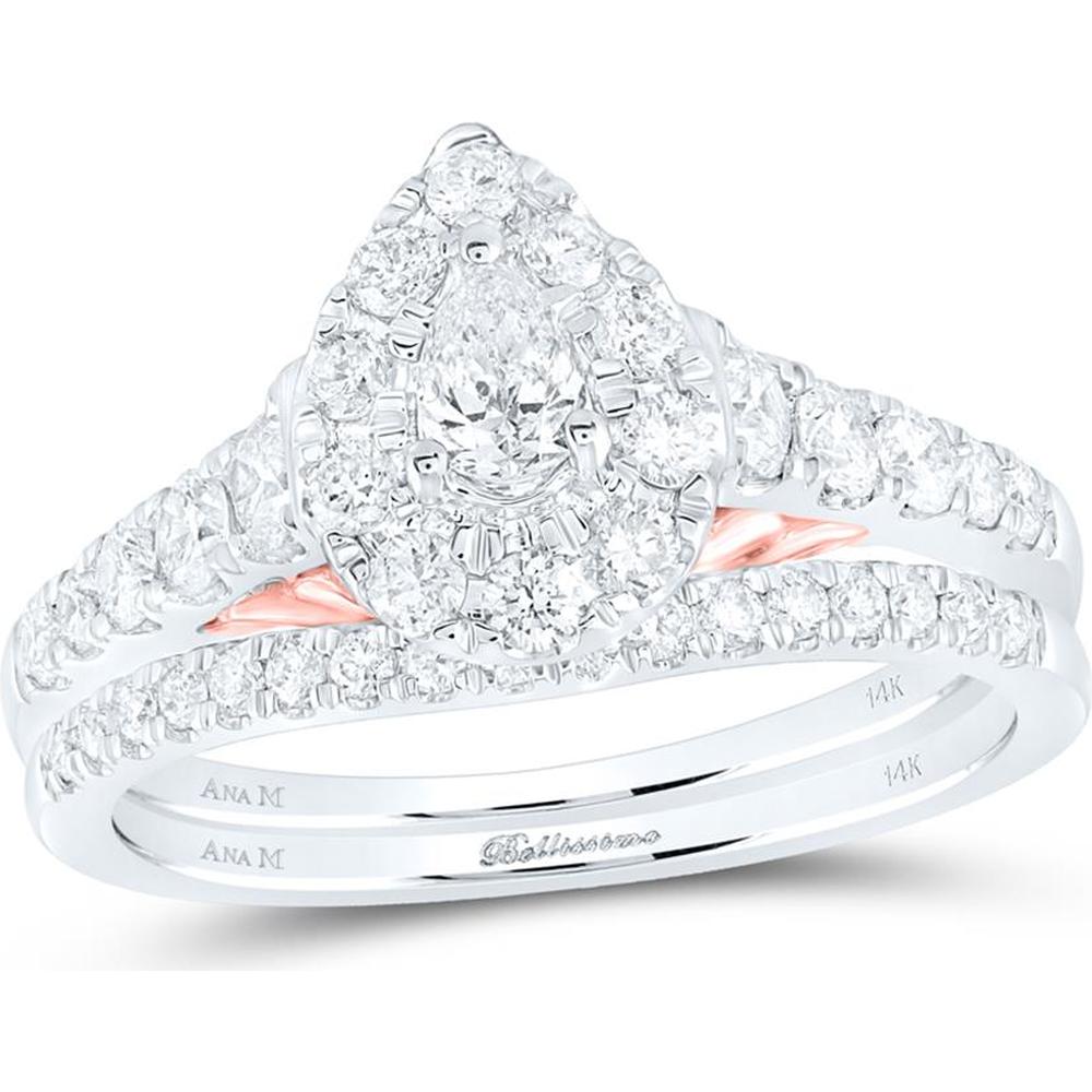 GND 14K Two-Tone Gold Pear Diamond Bridal Wedding Ring Set with Halo and Sapphire Accents – 1.00 Carat Total Diamond Weight