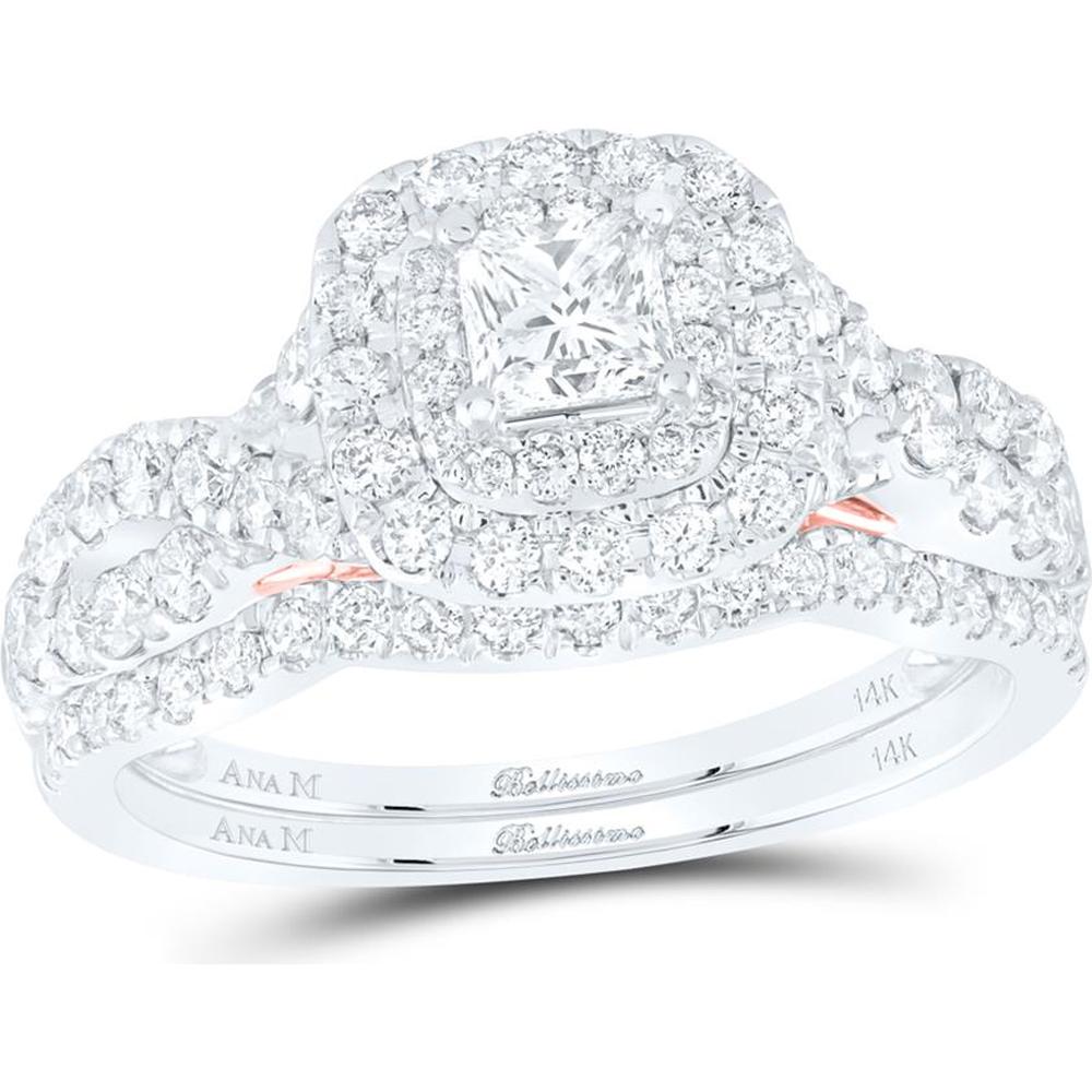 GND 14K Two-Tone Gold Princess-Cut Diamond Bridal Wedding Ring Set with Round Diamonds - 1.25 Carat Total Diamond Weight.