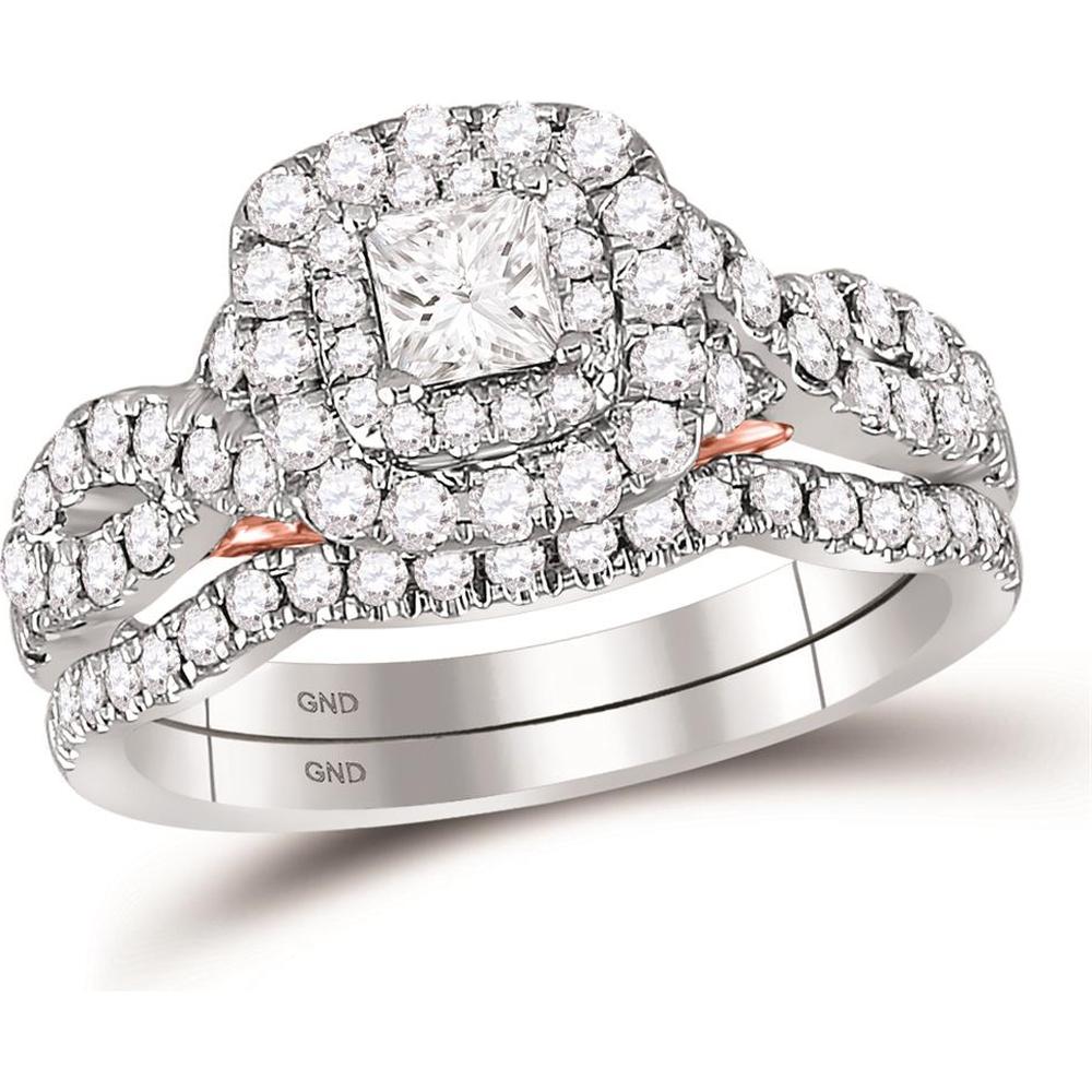 GND 14K Two-Tone Gold Princess-Cut Diamond Bridal Wedding Ring Set with Round Diamonds - 1.25 Carat Total Diamond Weight.