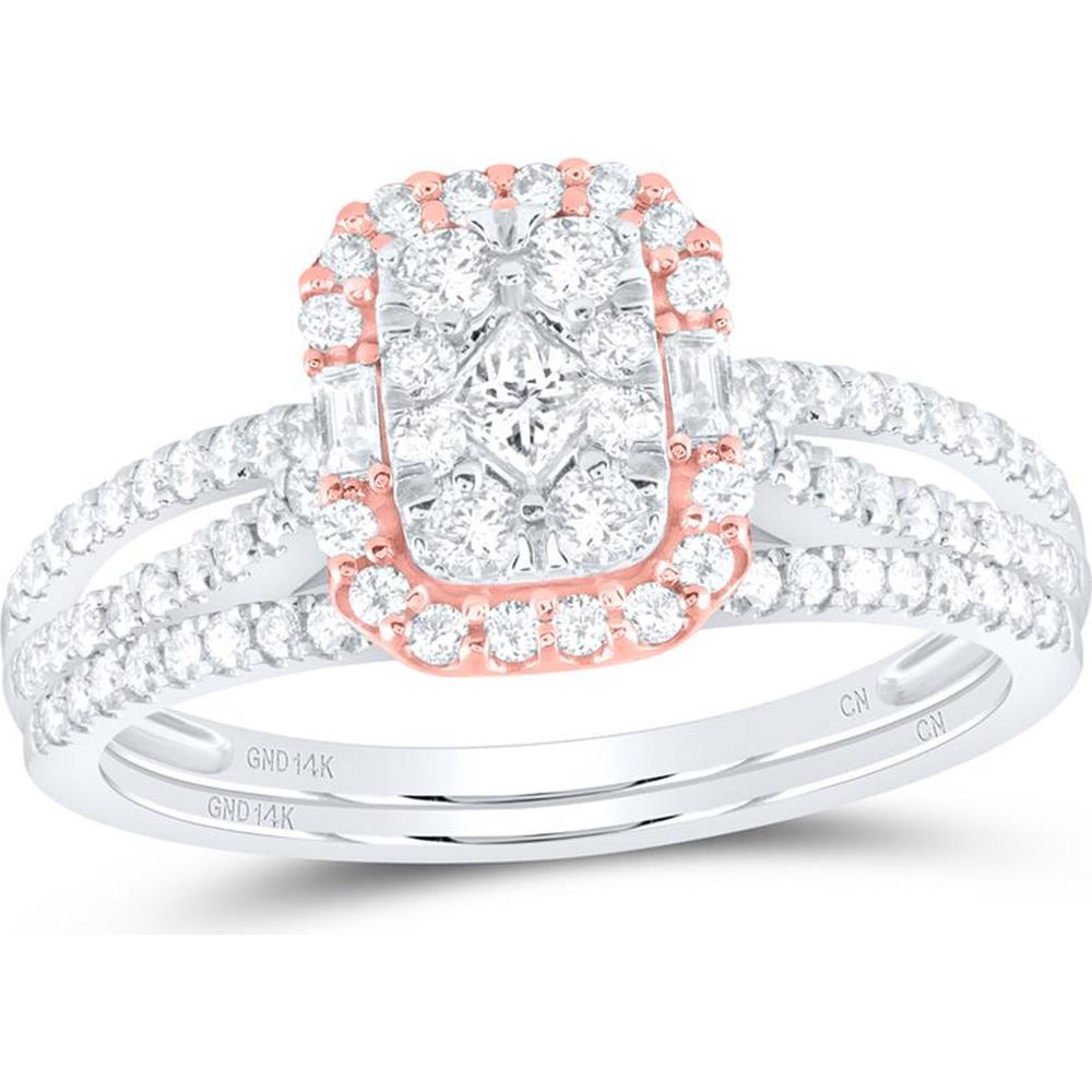 GND 14K Two-Tone Gold Princess Diamond Bridal Wedding Ring Set with Round and Baguette Diamonds - 3/4 Carat Total Diamond Weight
