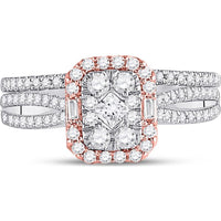 GND 14K Two-Tone Gold Princess Diamond Bridal Wedding Ring Set with Round and Baguette Diamonds - 3/4 Carat Total Diamond Weight