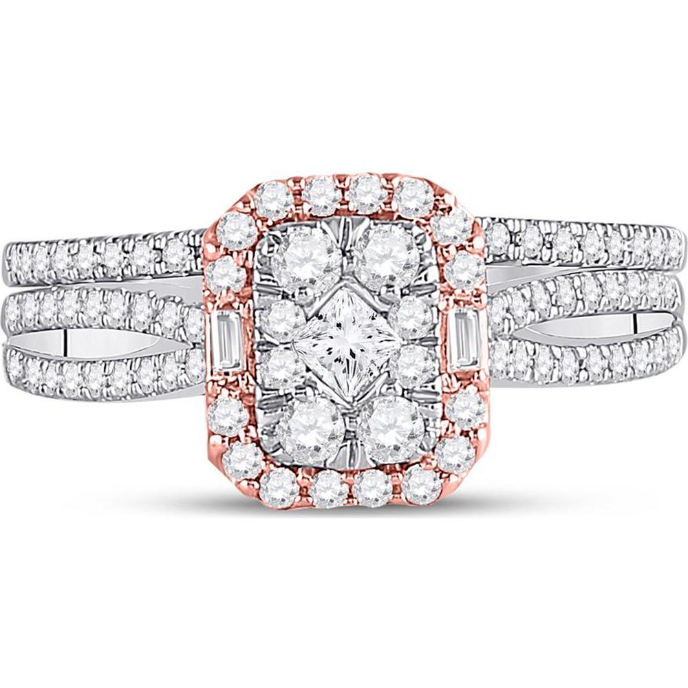 GND 14K Two-Tone Gold Princess Diamond Bridal Wedding Ring Set with Round and Baguette Diamonds - 3/4 Carat Total Diamond Weight