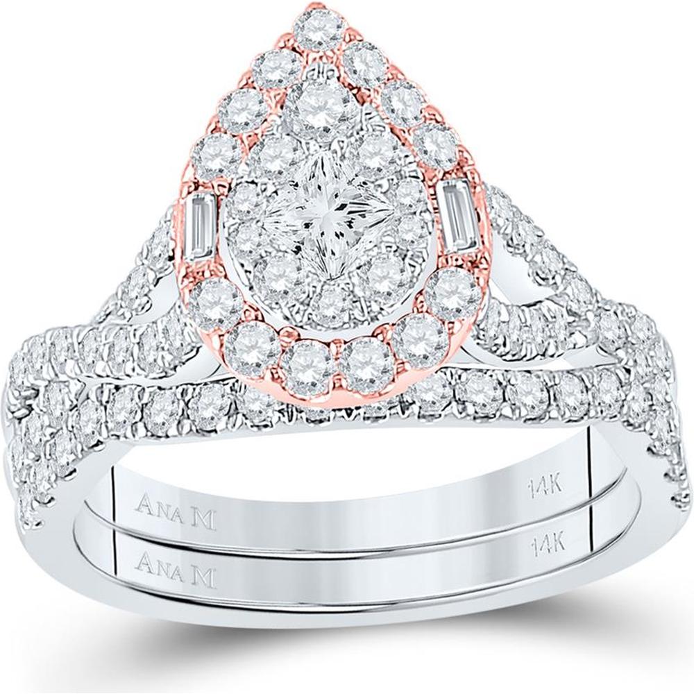 GND 14K Two-Tone Gold Princess Diamond Halo Bridal Wedding Ring Set - 1.5 Carat Total Diamond Weight