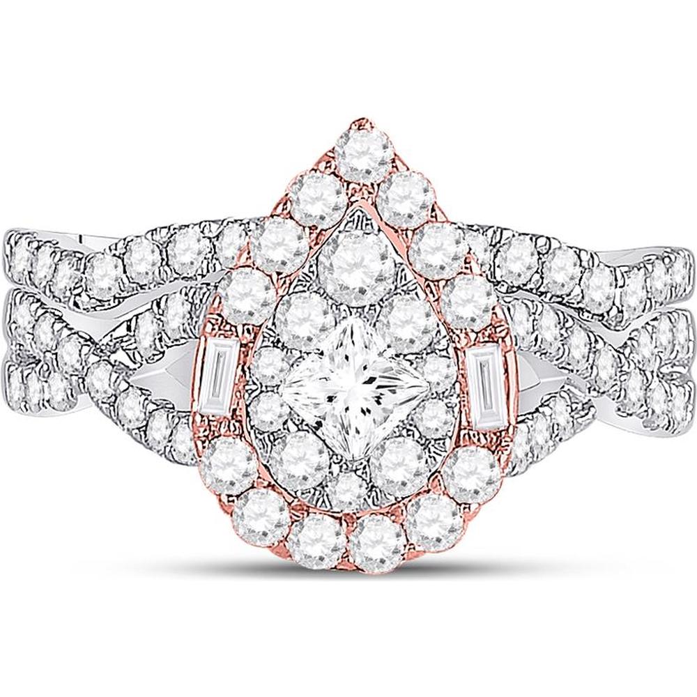 GND 14K Two-Tone Gold Princess Diamond Halo Bridal Wedding Ring Set - 1.5 Carat Total Diamond Weight