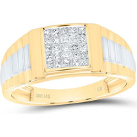 GND 14K Two-Tone Gold Ribbed Band Ring with Invisible-Set Princess Diamonds - 1/4 Carat Total Diamond Weight