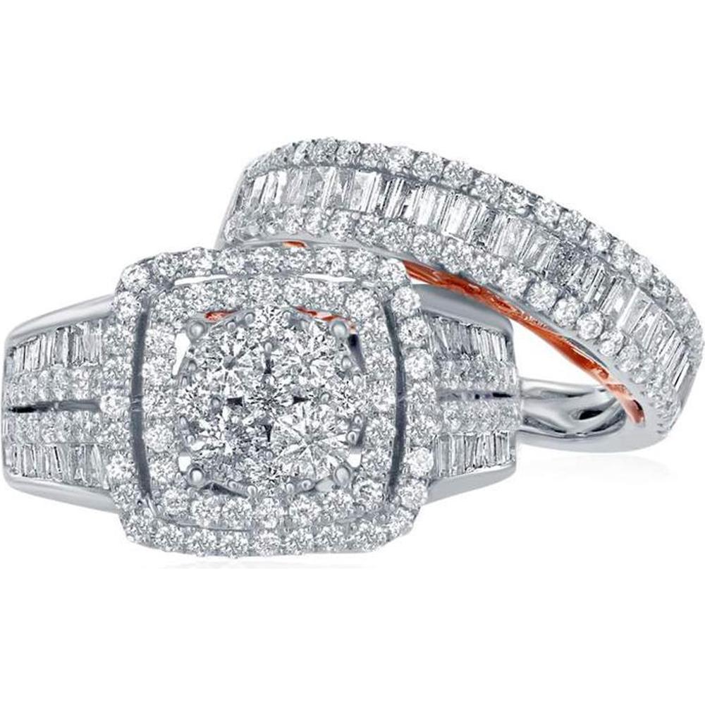 GND 14K Two-Tone Gold Round and Baguette Diamond Bridal Wedding Ring Set - 2.50 Carat Total Diamond Weight