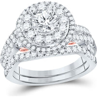 GND 14K Two-Tone Gold Round Diamond Bridal Wedding Ring Set with Bezel-Set Center Diamond and Prong-Set Halo - 2.00 Carat Total Gemstone Weight