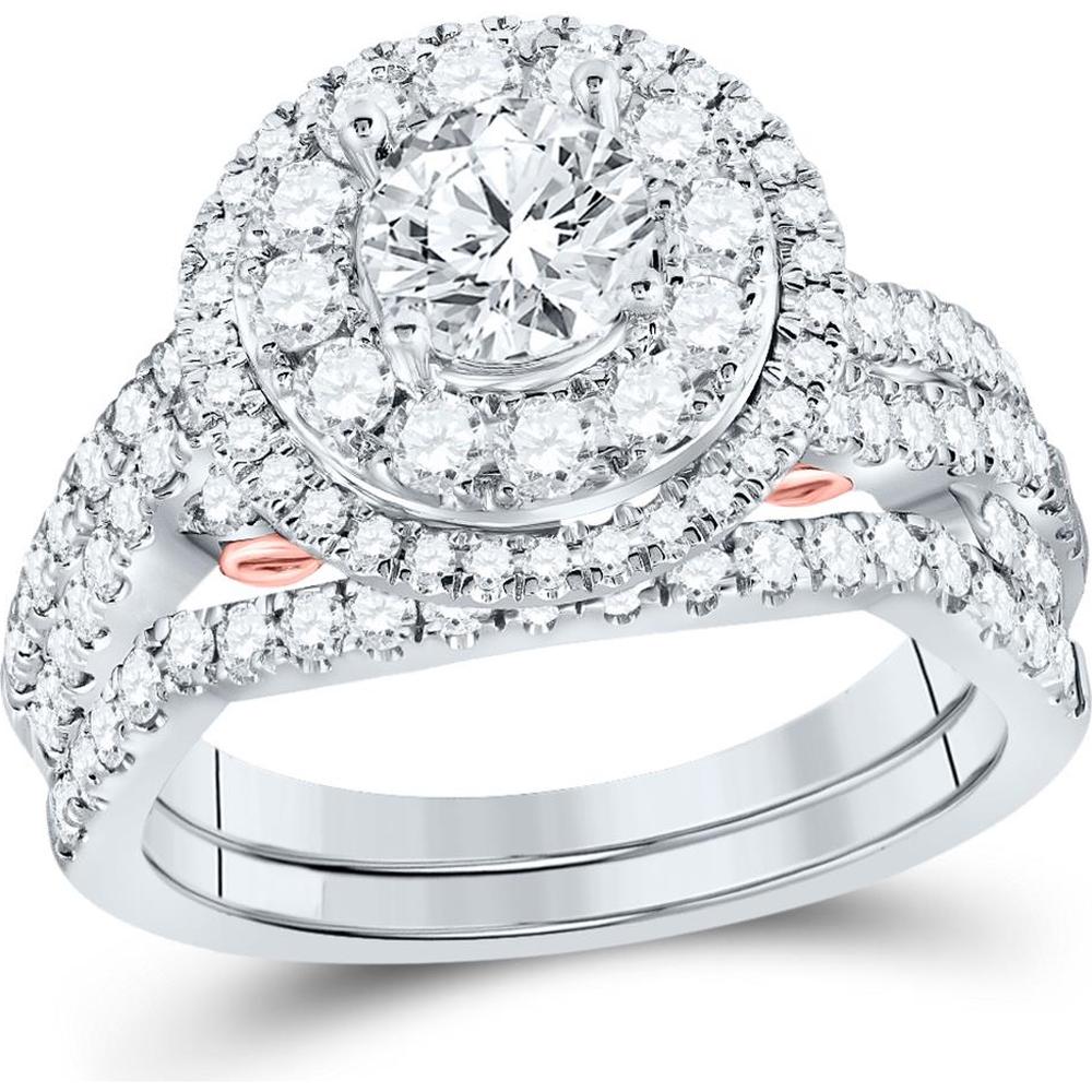 GND 14K Two-Tone Gold Round Diamond Bridal Wedding Ring Set with Bezel-Set Center Diamond and Prong-Set Halo - 2.00 Carat Total Gemstone Weight