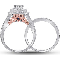 GND 14K Two-Tone Gold Round Diamond Bridal Wedding Ring Set with Bezel-Set Center Diamond and Prong-Set Halo - 2.00 Carat Total Gemstone Weight