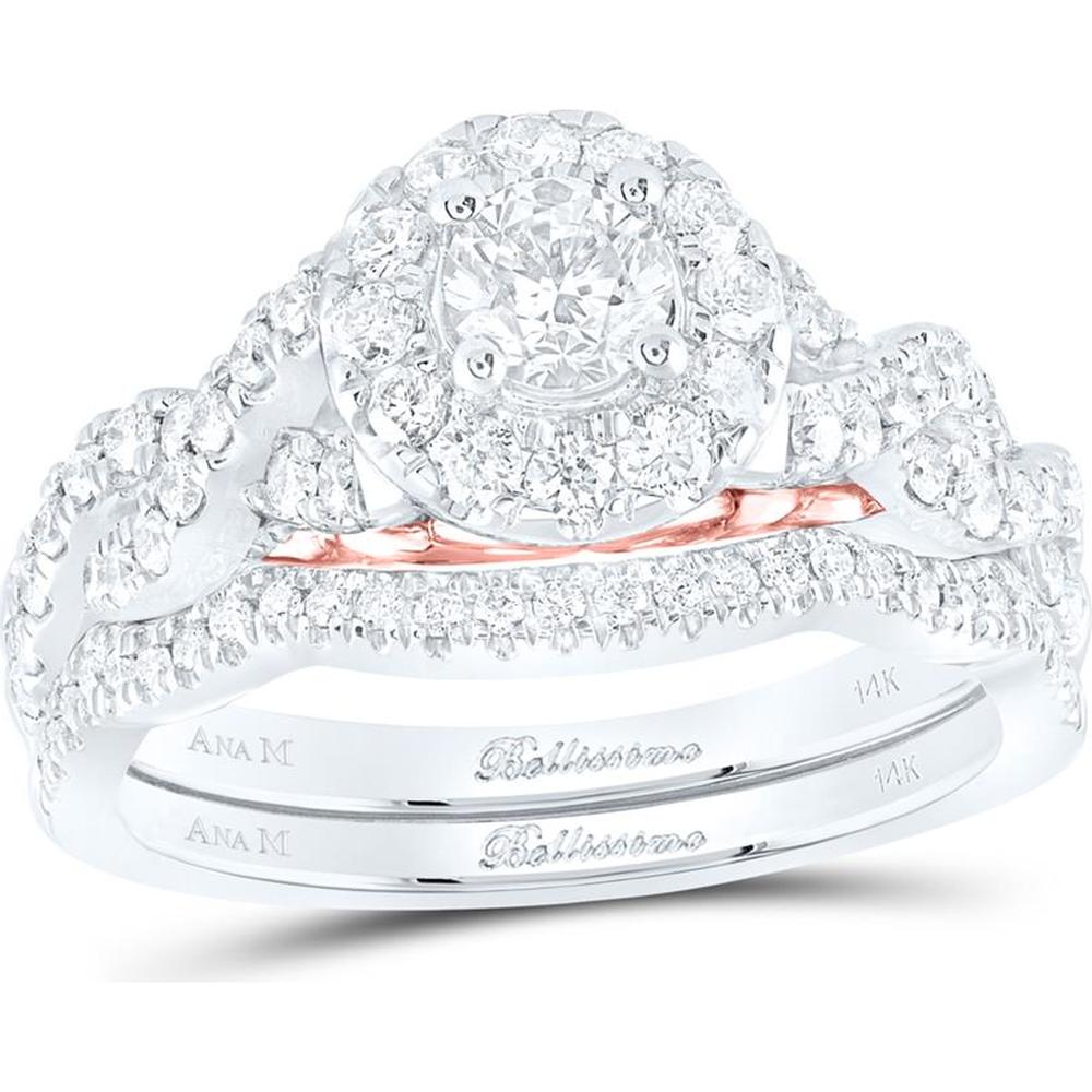 GND 14K Two-Tone Gold Round Diamond Bridal Wedding Ring Set with Halo and Milgrain Detail – 1 Carat Total Diamond Weight