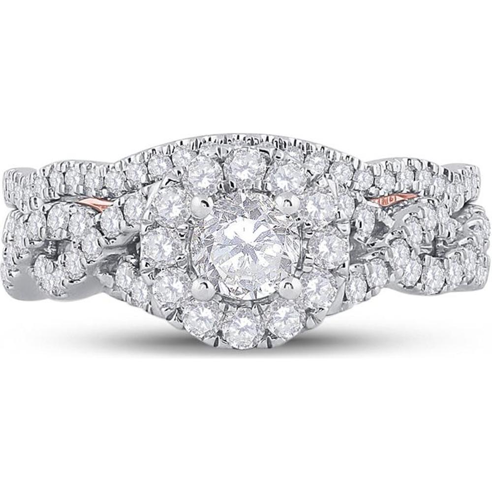 GND 14K Two-Tone Gold Round Diamond Bridal Wedding Ring Set with Halo and Milgrain Detail – 1 Carat Total Diamond Weight