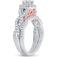 GND 14K Two-Tone Gold Round Diamond Bridal Wedding Ring Set with Halo and Milgrain Detail – 1 Carat Total Diamond Weight