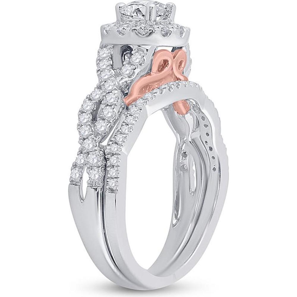 GND 14K Two-Tone Gold Round Diamond Bridal Wedding Ring Set with Halo and Milgrain Detail – 1 Carat Total Diamond Weight