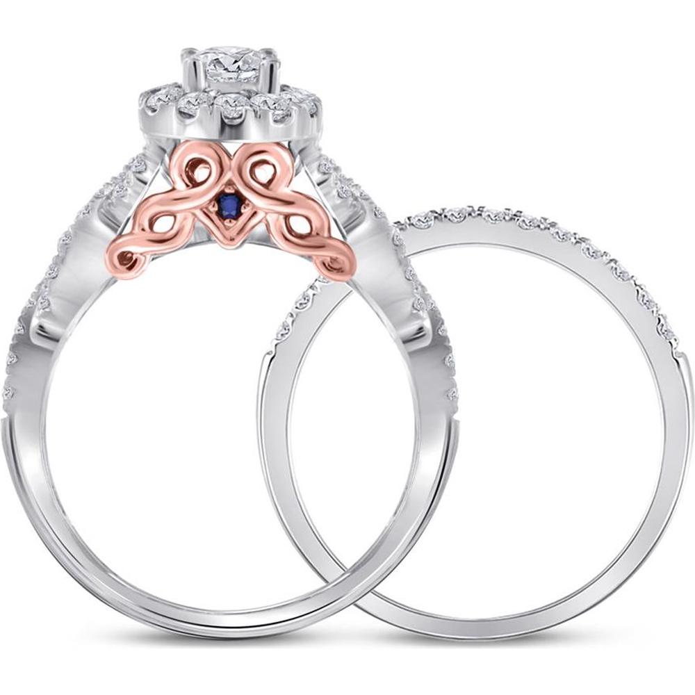 GND 14K Two-Tone Gold Round Diamond Bridal Wedding Ring Set with Halo and Milgrain Detail – 1 Carat Total Diamond Weight