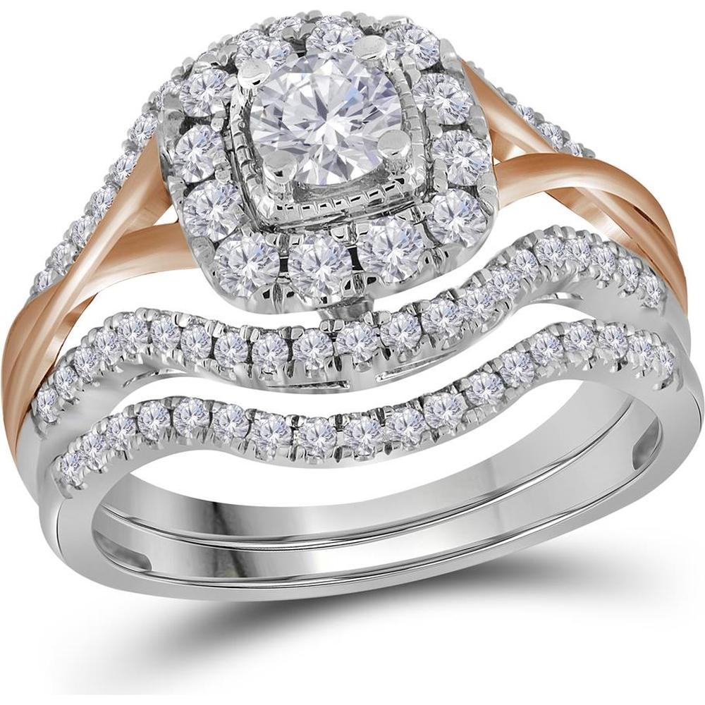 GND 14K Two-Tone Gold Round Diamond Bridal Wedding Ring Set with Pave and Prong Setting - 1.00 Carat Total Diamond Weight
