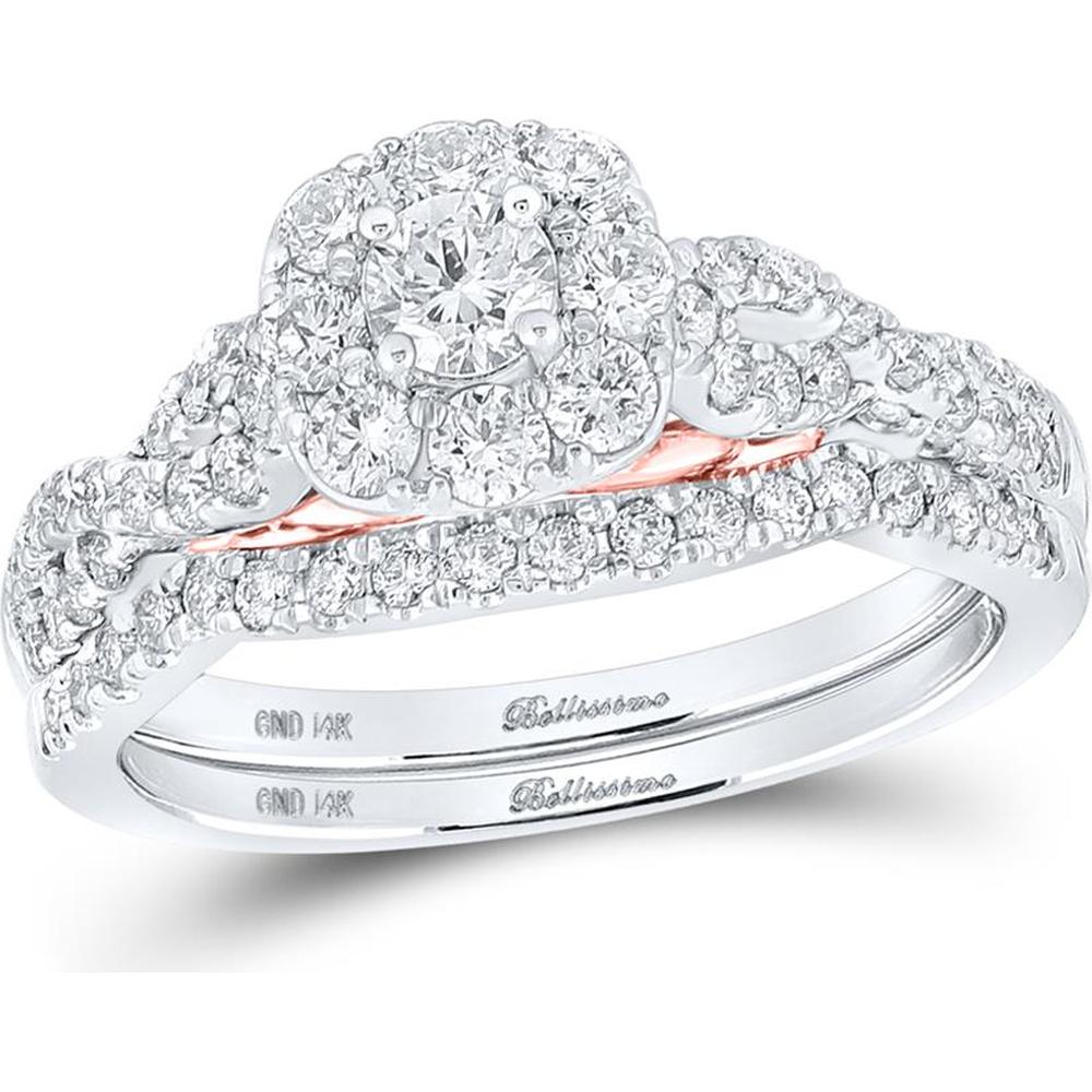 GND 14K Two-Tone Gold Round Diamond Halo Bridal Wedding Ring Set – 1.00 Carat Total Diamond Weight