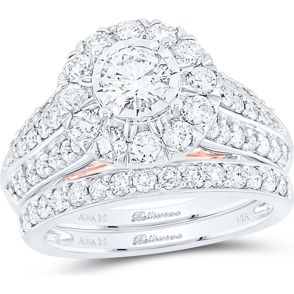 GND 14K Two-Tone Gold Round Diamond Halo Bridal Wedding Ring Set with 2 Total Carat Weight of Diamonds