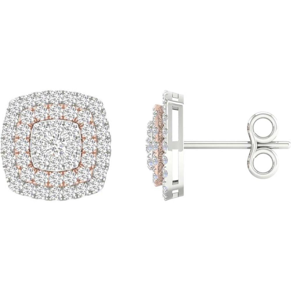 GND 14K Two-Tone Gold Square Cluster Earrings with Prong Set Round Diamonds - 1.00 Carat Total Diamond Weight