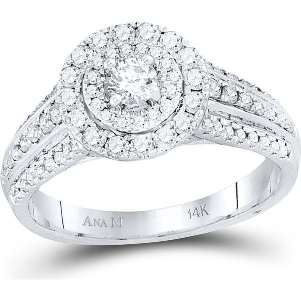 GND 14K White Gold 1.00 Carat Total Round Diamond Halo Bridal Engagement Ring