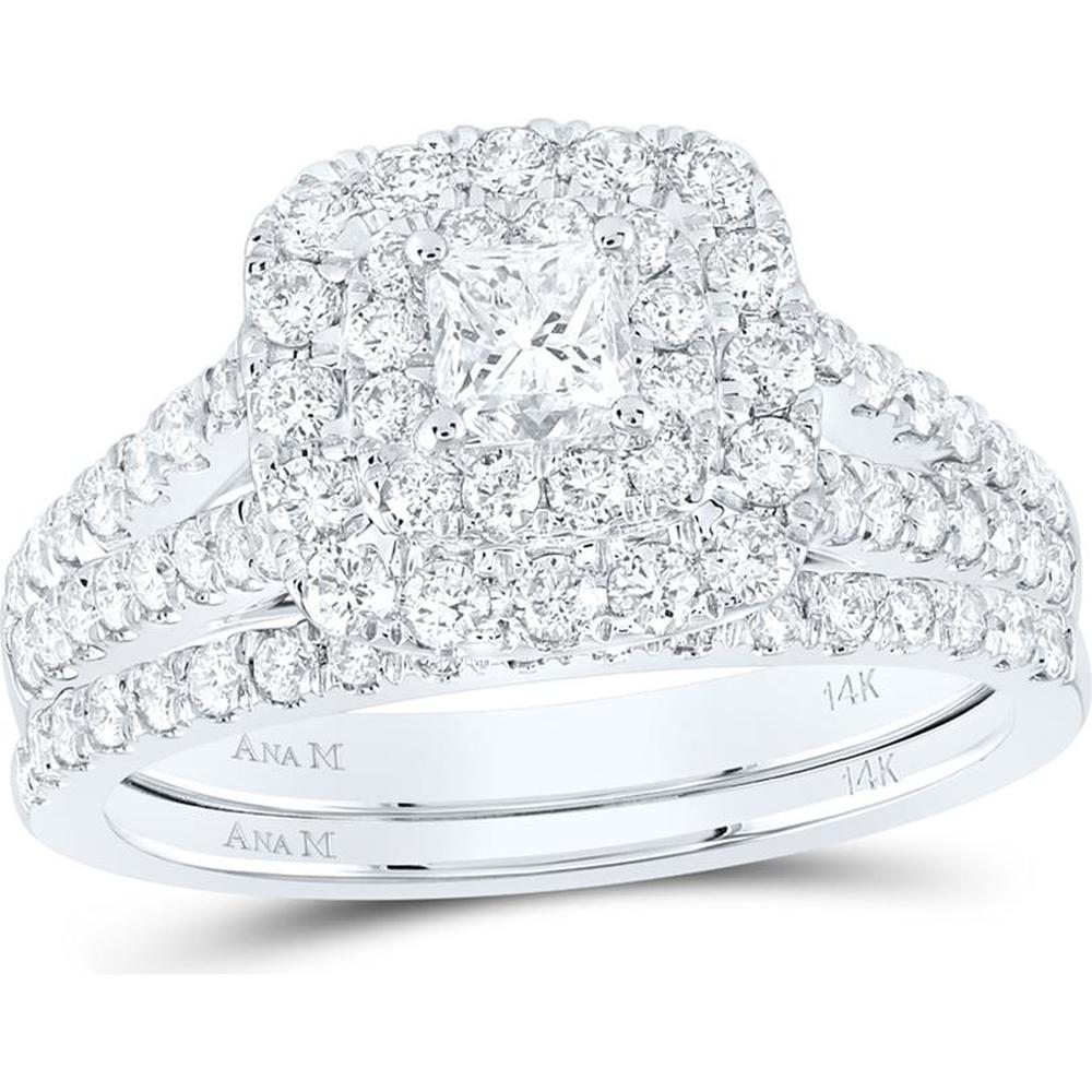 GND 14K White Gold 1-1/2 Carat Princess and Round Diamond Halo Bridal Wedding Ring Set