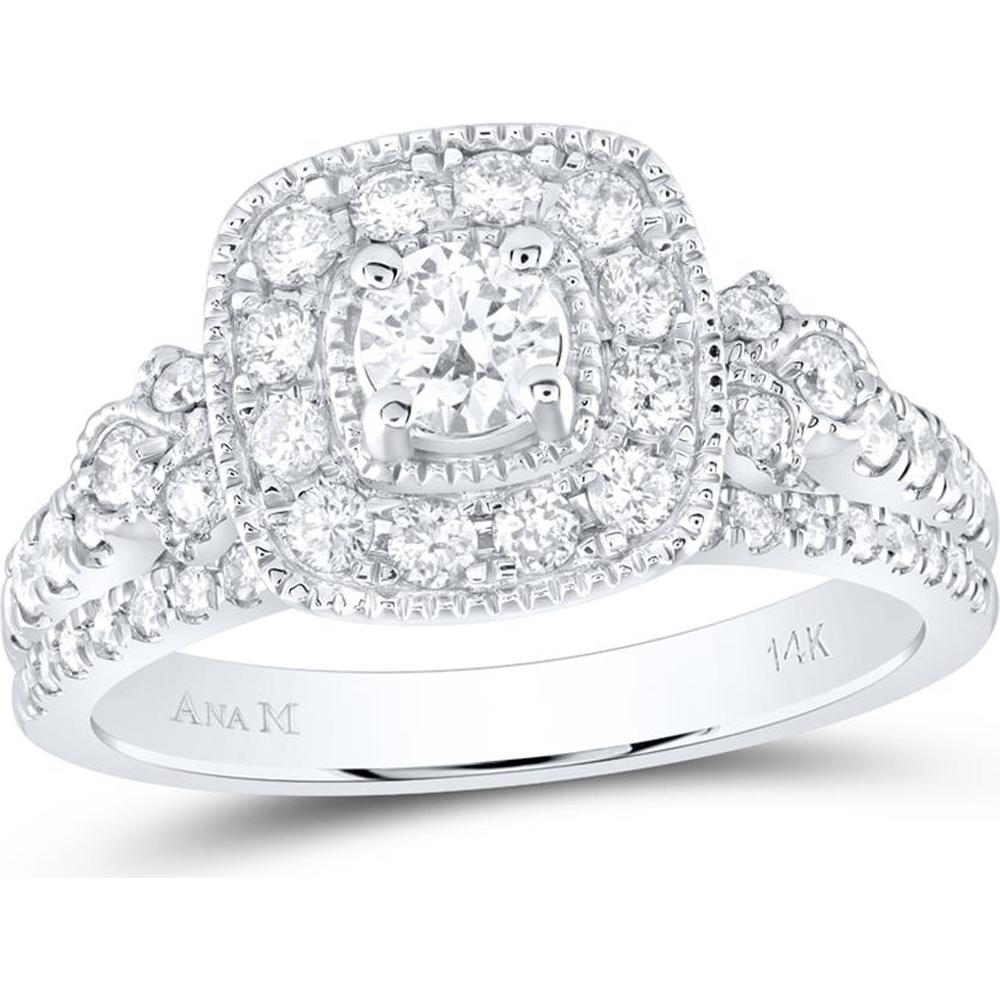 GND 14K White Gold 1 Carat Total Weight Round Diamond Bridal Wedding Ring Set with Prong-Set Halo and Milgrain Detailing