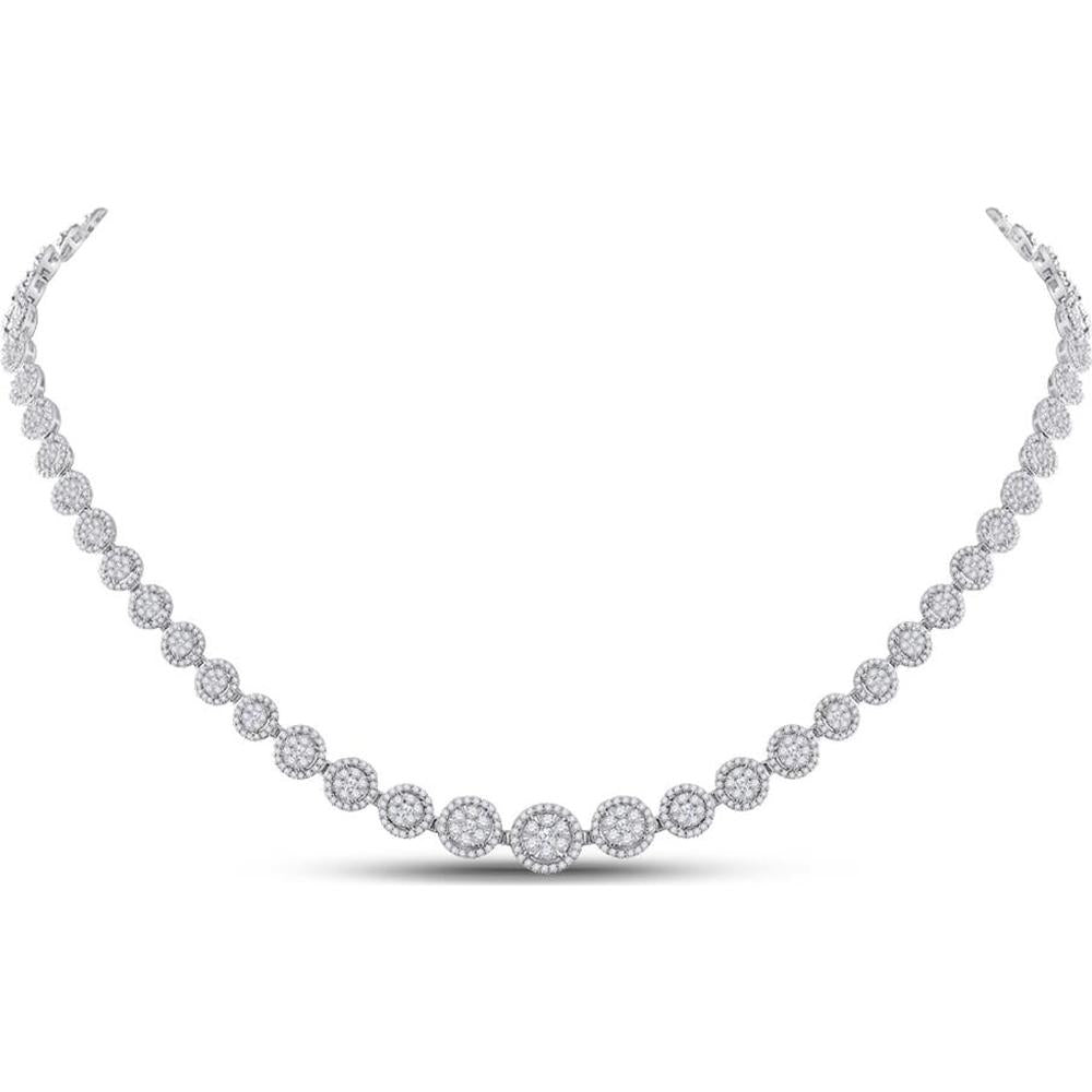 GND 14K White Gold 17.5 Inch Graduated Halo Cluster Tennis Necklace with Pave Set Round Diamonds – 5-7/8 Carat Total Weight