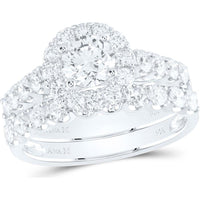 GND 14K White Gold 2 Carat Round Diamond Bridal Wedding Ring Set with Prong Set Diamonds and Halo Design