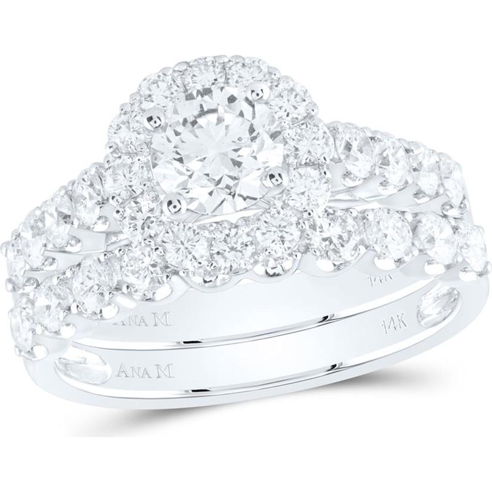 GND 14K White Gold 2 Carat Round Diamond Bridal Wedding Ring Set with Prong Set Diamonds and Halo Design