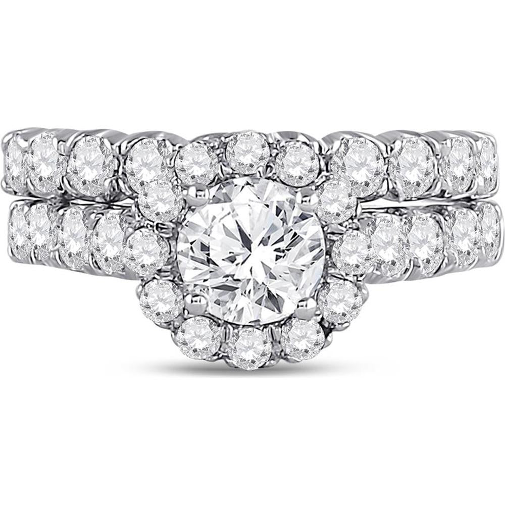 GND 14K White Gold 2 Carat Round Diamond Bridal Wedding Ring Set with Prong Set Diamonds and Halo Design