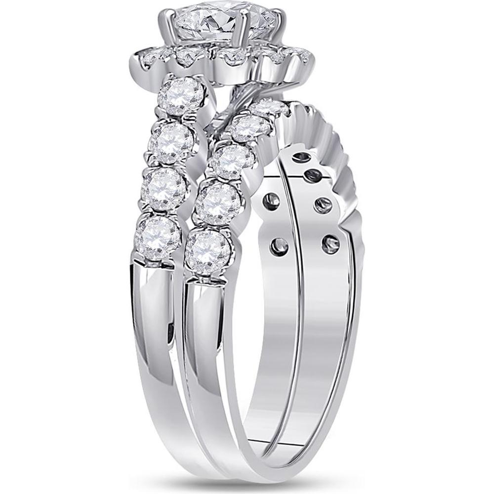 GND 14K White Gold 2 Carat Round Diamond Bridal Wedding Ring Set with Prong Set Diamonds and Halo Design