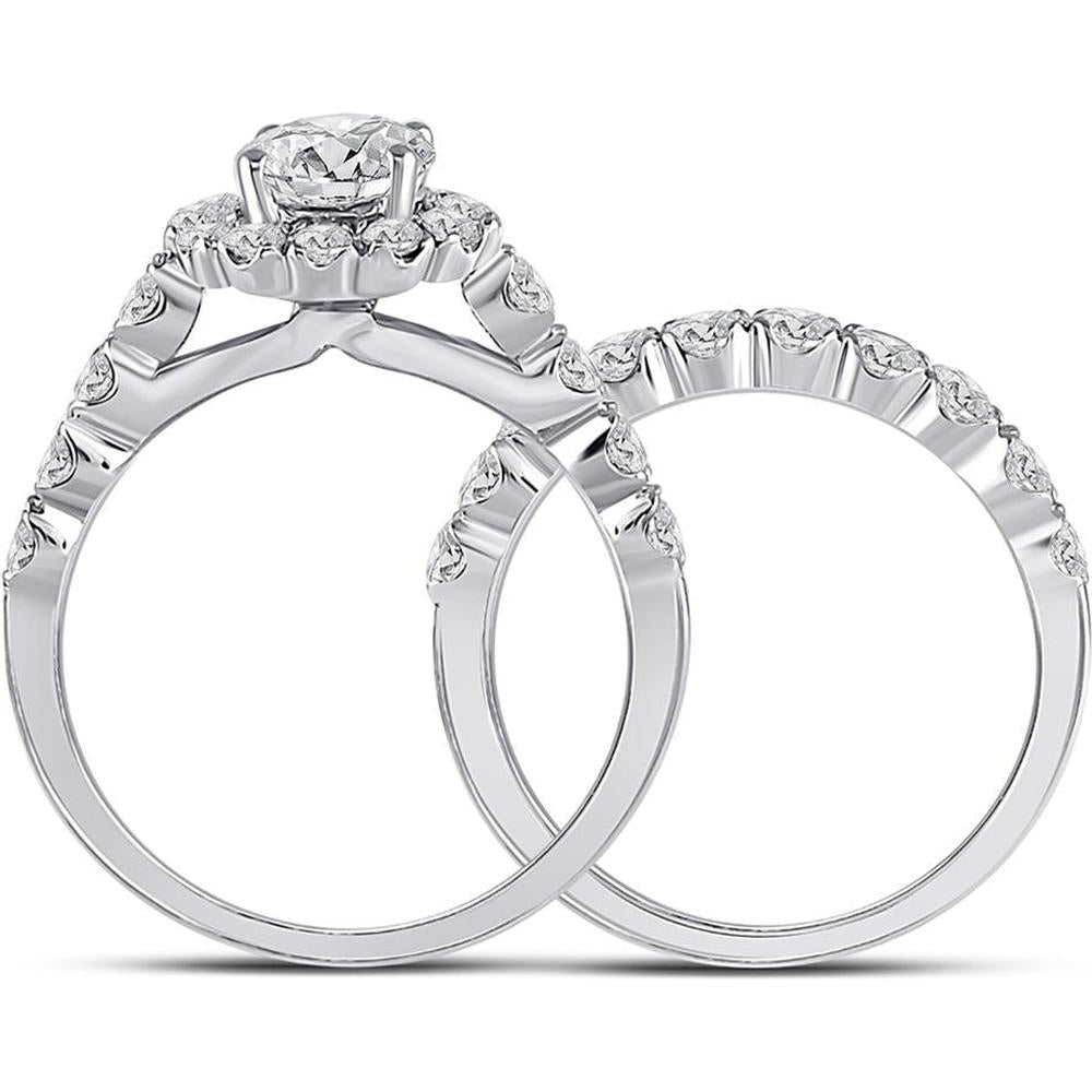 GND 14K White Gold 2 Carat Round Diamond Bridal Wedding Ring Set with Prong Set Diamonds and Halo Design