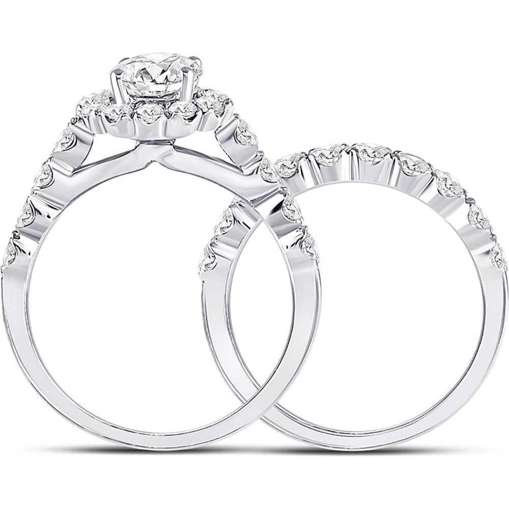 GND 14K White Gold 2 Carat Round Diamond Bridal Wedding Ring Set with Prong Set Diamonds and Halo Design