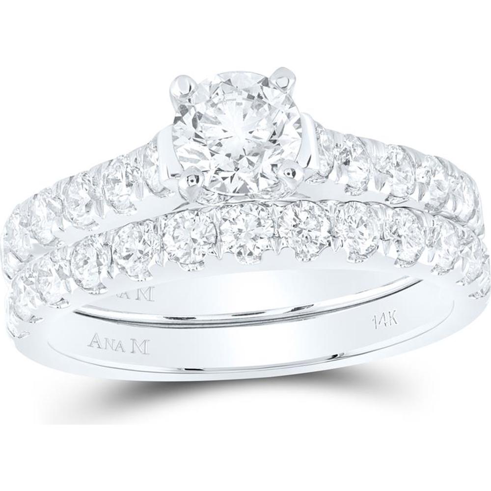 GND 14K White Gold 2- Carat Round Diamond Bridal Wedding Ring Set with Prong Setting