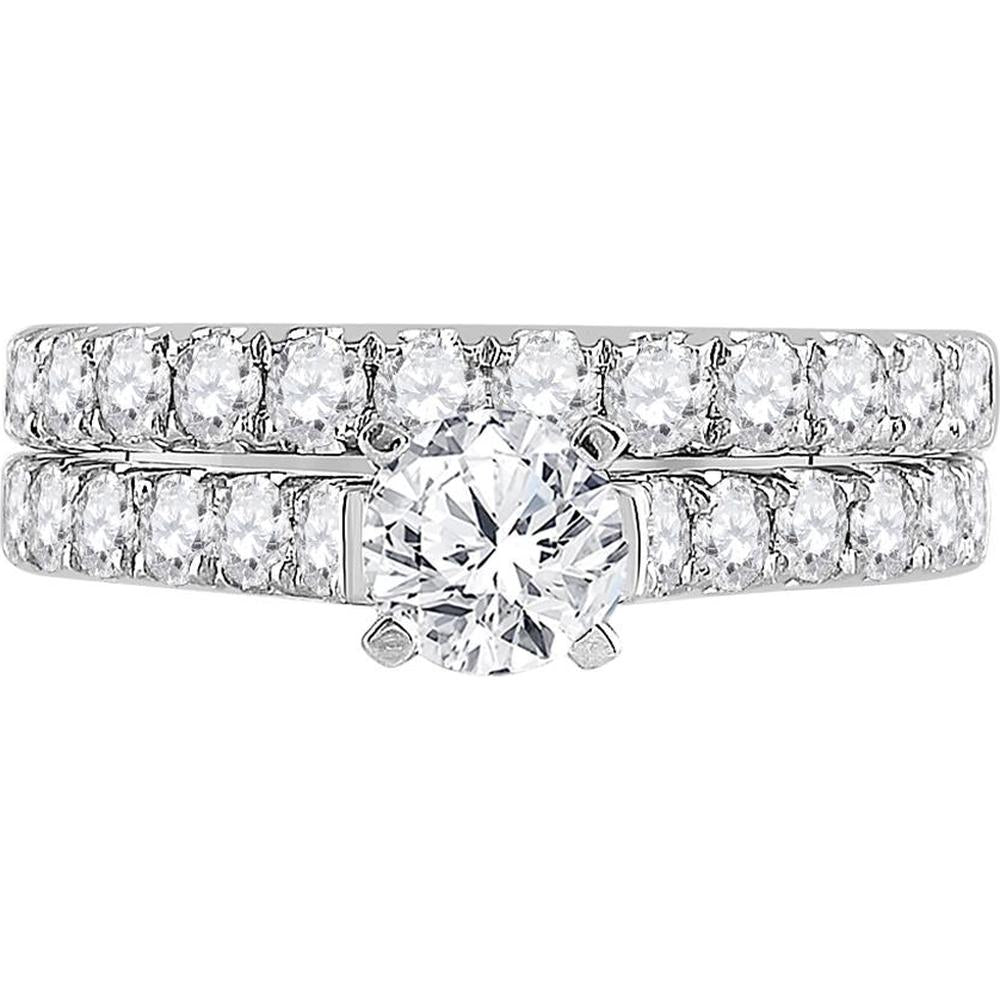 GND 14K White Gold 2- Carat Round Diamond Bridal Wedding Ring Set with Prong Setting