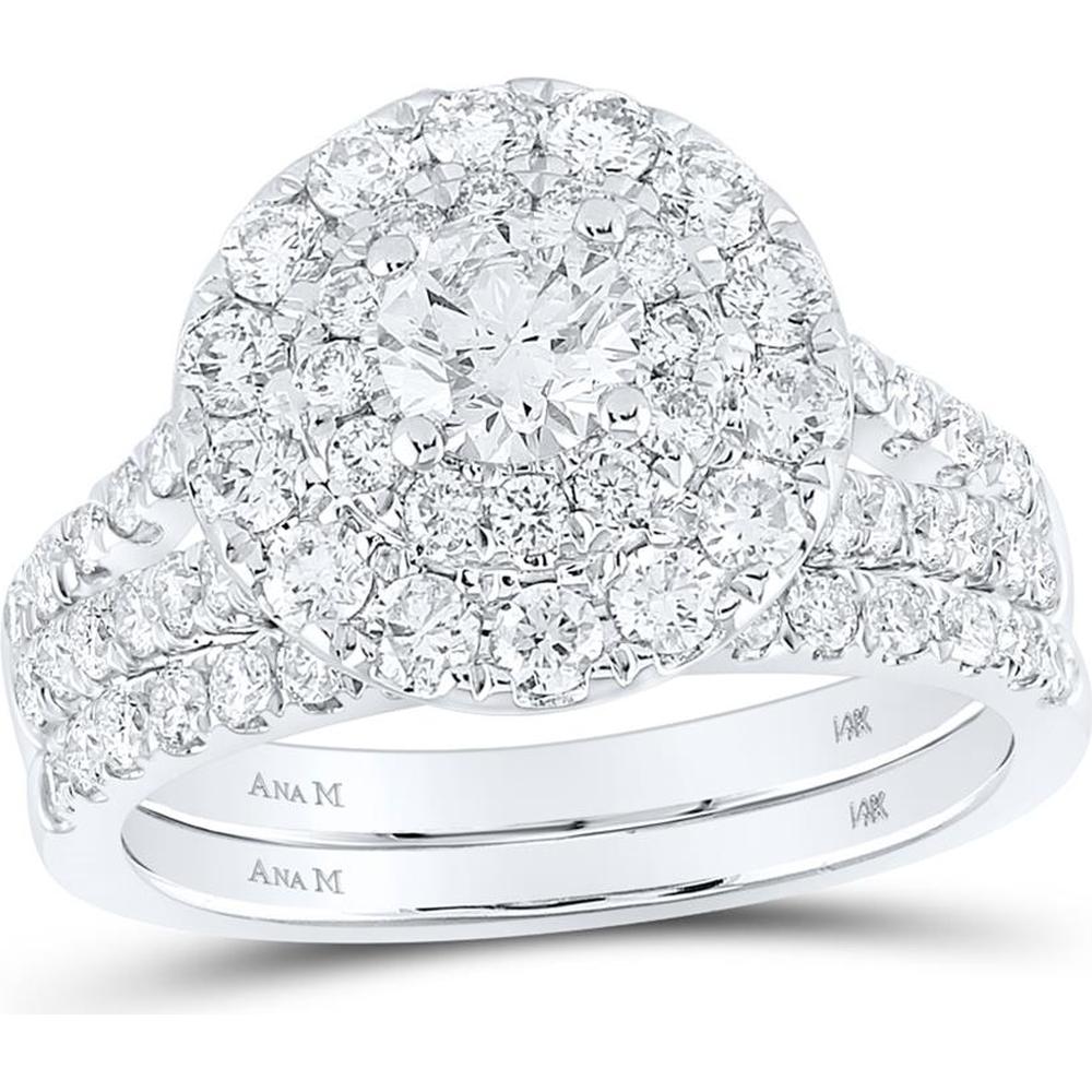 GND 14K White Gold 2 Carat Round Diamond Halo Bridal Wedding Ring Set with Blue Sapphire Accent