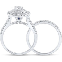 GND 14K White Gold 2 Carat Round Diamond Halo Bridal Wedding Ring Set with Blue Sapphire Accent