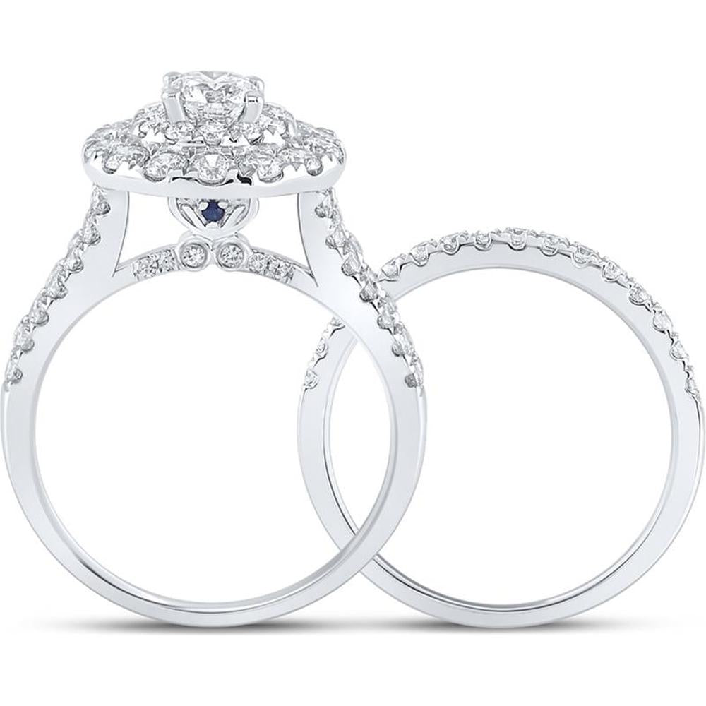 GND 14K White Gold 2 Carat Round Diamond Halo Bridal Wedding Ring Set with Blue Sapphire Accent