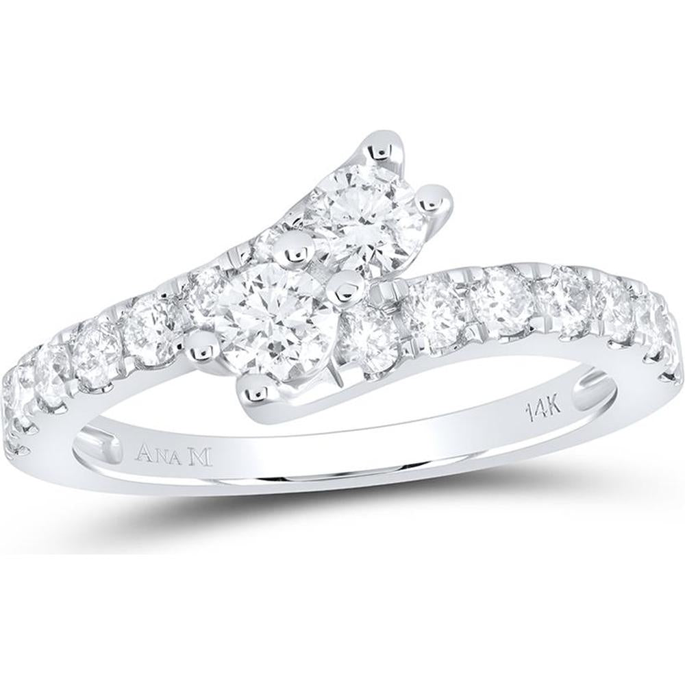 GND 14K White Gold 2-Stone Round Diamond Engagement Ring with Pave-Set Diamond Band - 1.00 Carat Total Diamond Weight