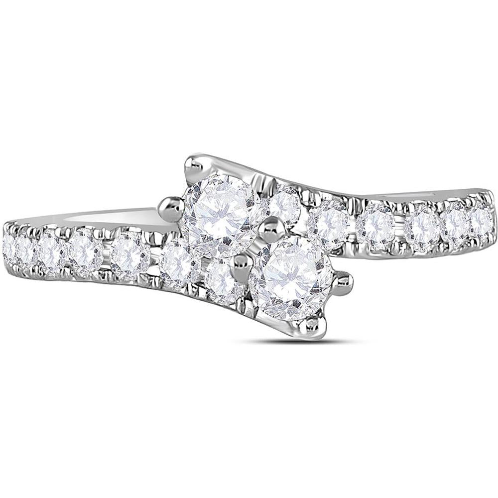 GND 14K White Gold 2-Stone Round Diamond Engagement Ring with Pave-Set Diamond Band - 1.00 Carat Total Diamond Weight